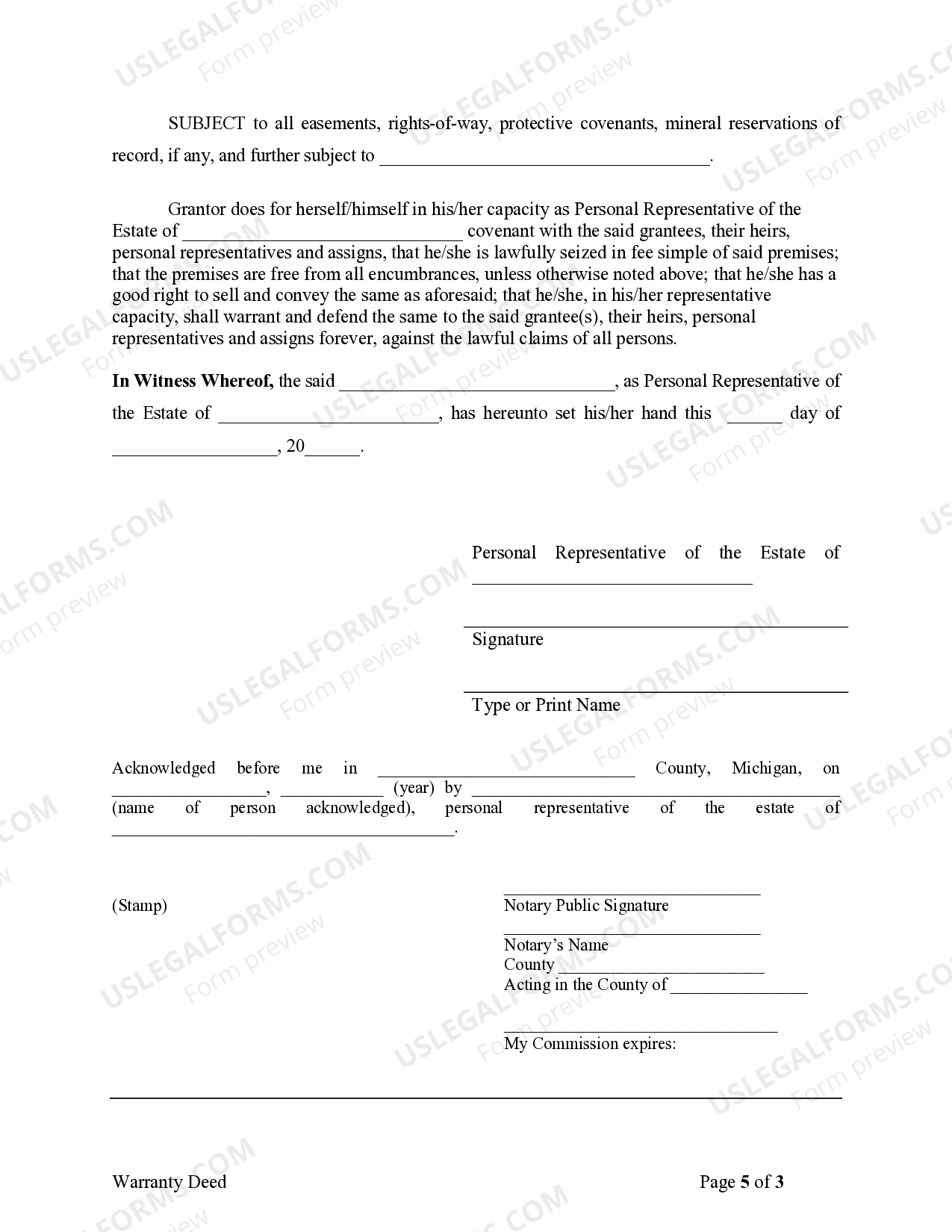 Michigan Fiduciary Deed for use by Executors, Trustees, Trustors