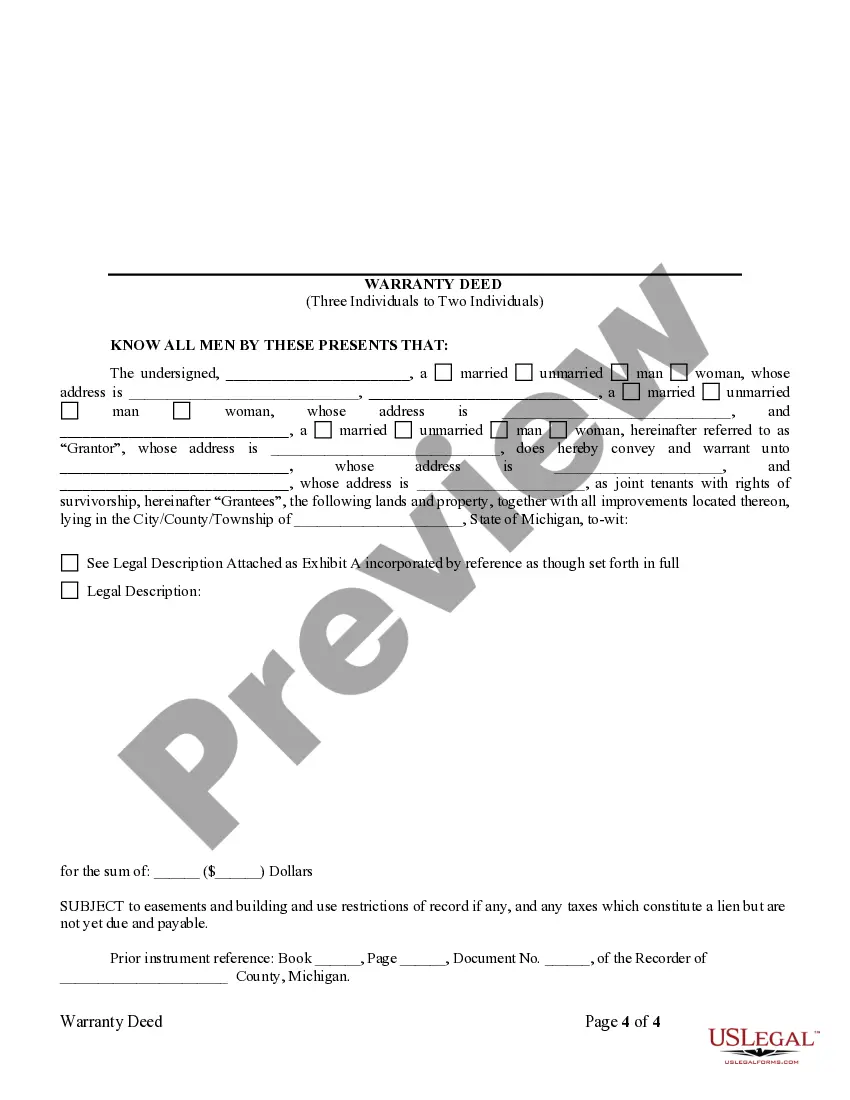 Preview Warranty Deed for Three Individuals to Two Individuals as Joint Tenants with the Right of Survivorship