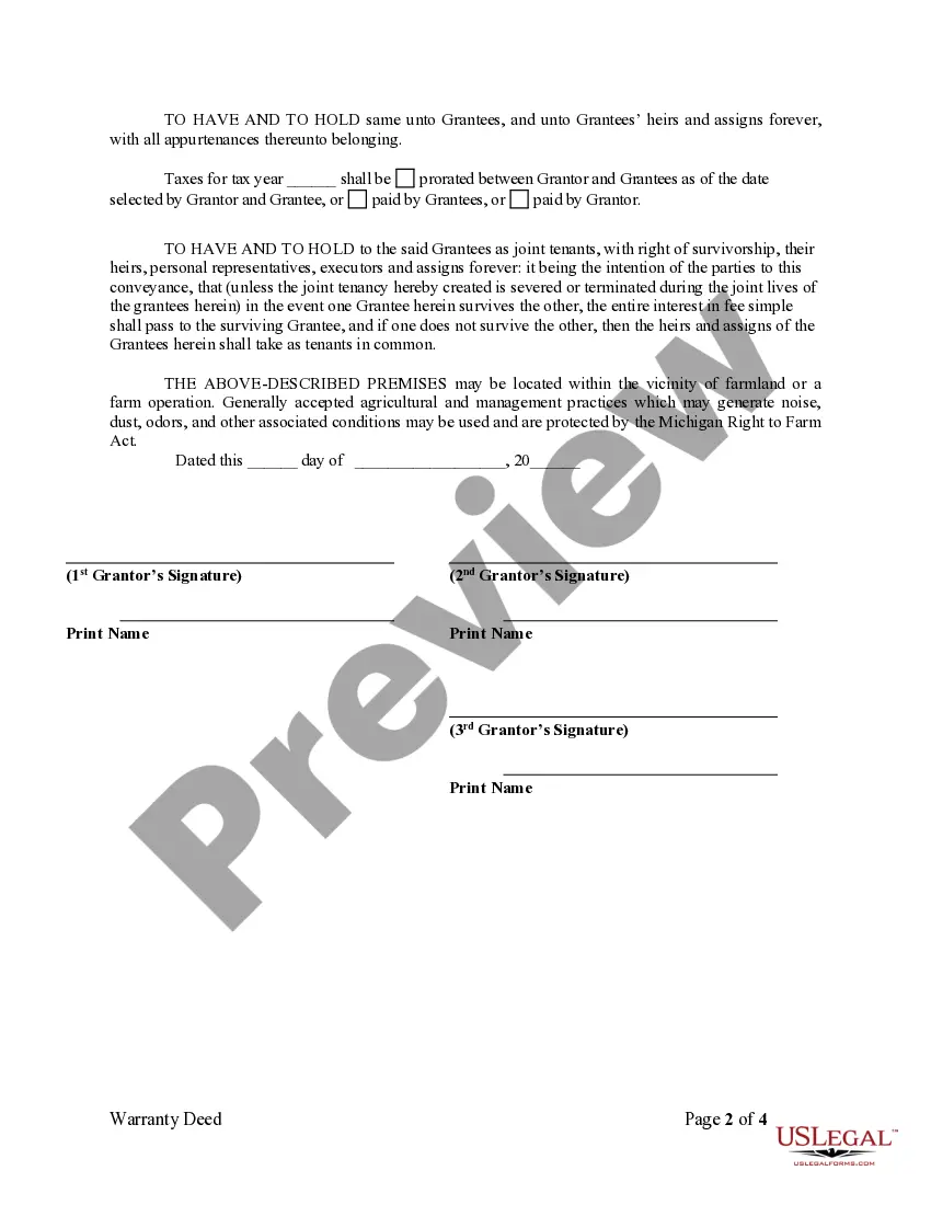 Preview Warranty Deed for Three Individuals to Two Individuals as Joint Tenants with the Right of Survivorship