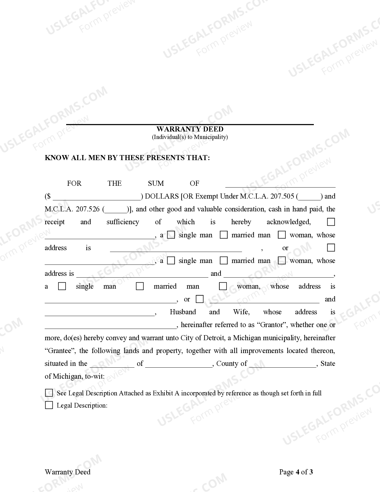 Michigan Warranty Deed from Individuals to Municipality Warranty Deed