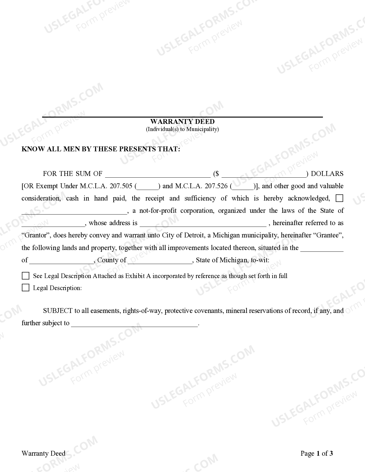 Michigan Warranty Deed for Not For Non Profit Corporation US Legal