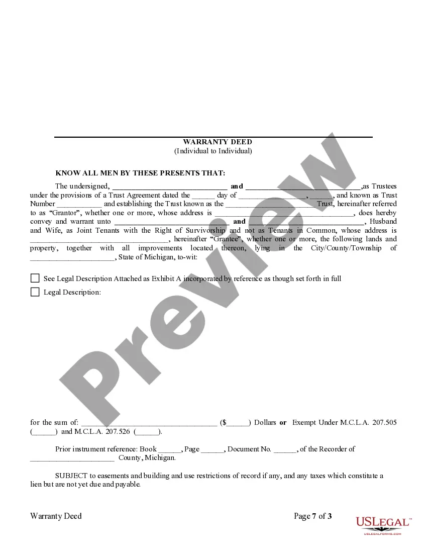 Get Warranty Deed from two Trustees to Husband and Wife as Joint Tenants with the Right of Survivorship Preview Warranty Deed from two Trustees to Husband and Wife as Joint Tenants with the Right of Survivorship