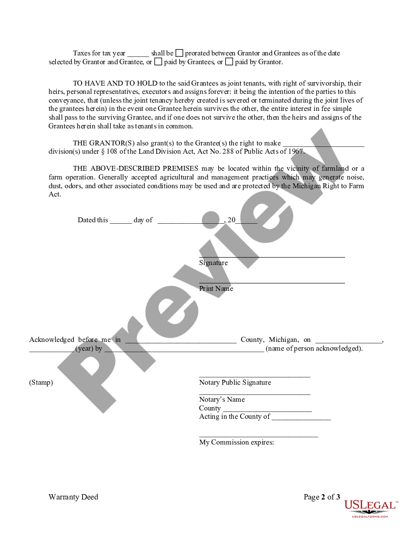 Michigan Warranty Deed from Individual to Three Individuals - Warranty ...