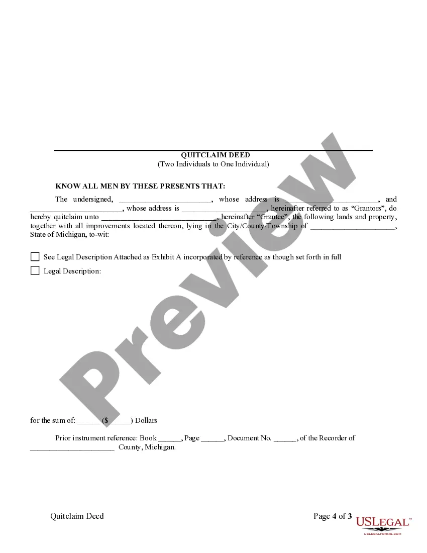 Get Quitclaim Deed from two Individuals to One Individual Preview Quitclaim Deed from two Individuals to One Individual