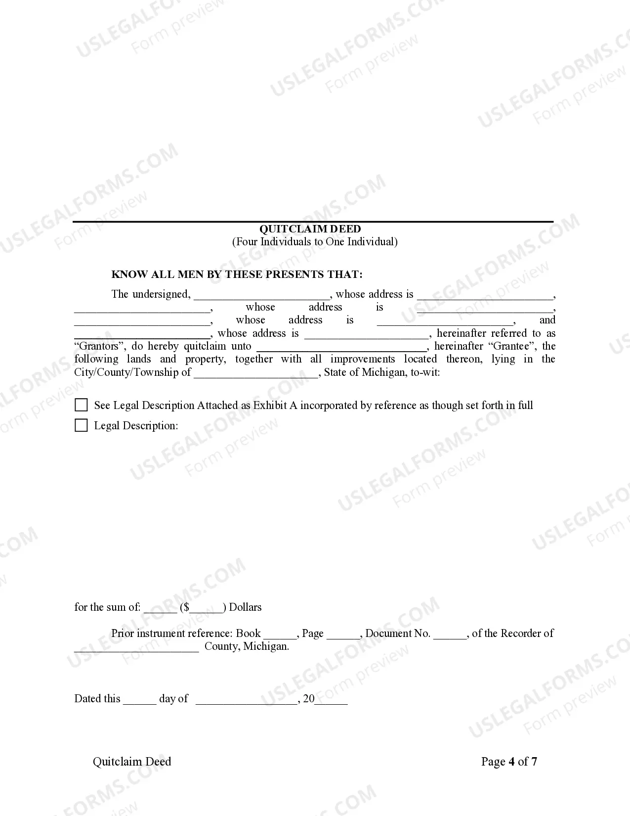 Preview Quitclaim Deed for Four Individuals to One Individual