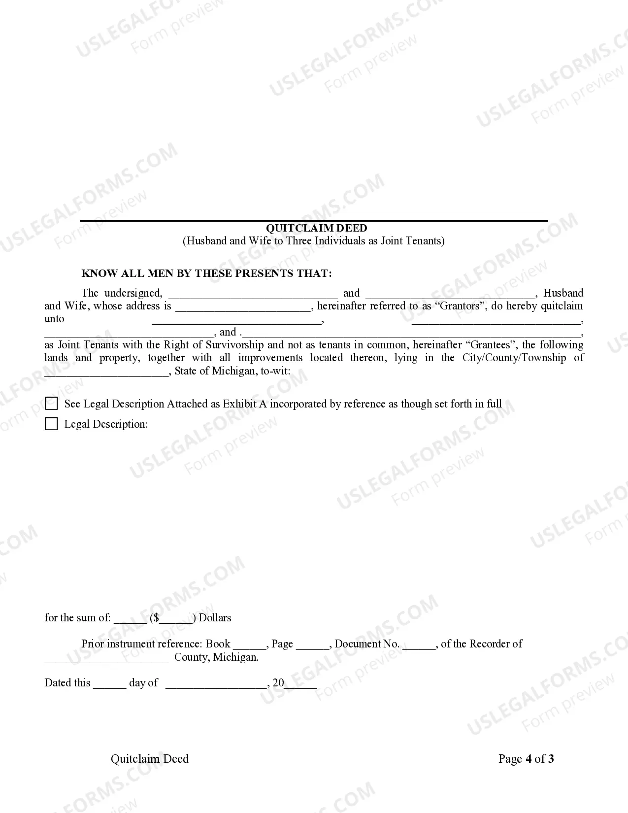 Preview Quitclaim Deed from Husband and Wife to Three Individuals as Joint Tenants with the Right of Survivorship