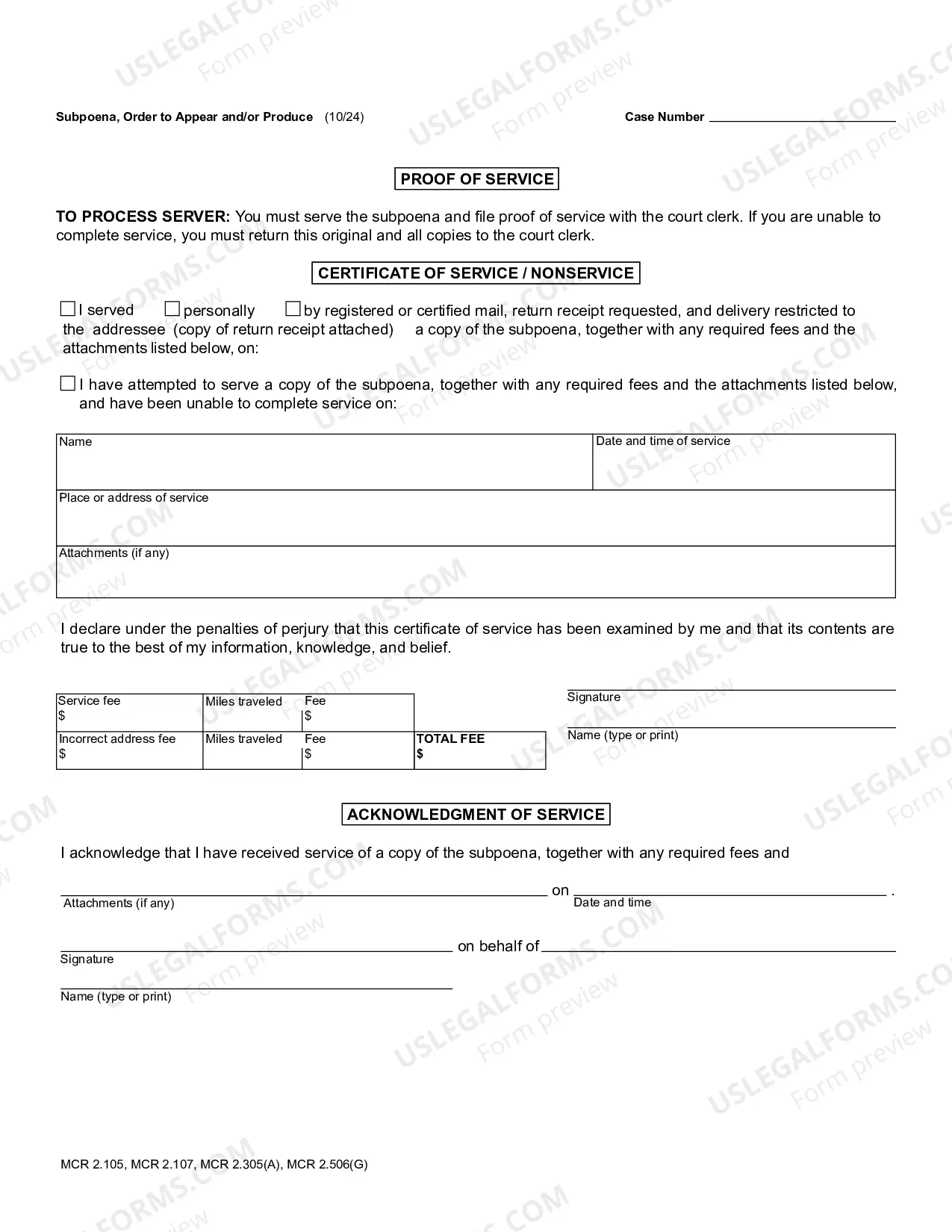 Preview Subpoena (Order To Appear And Or Produce)