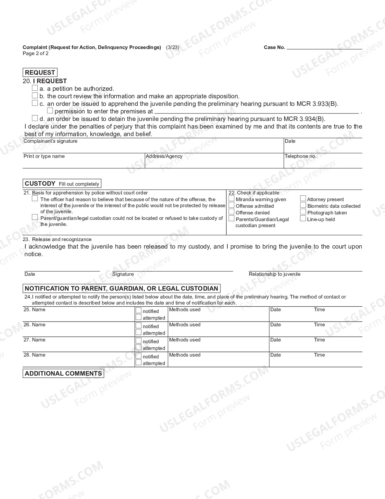 Preview Complaint (Request For Action Child Protective Proceedings)