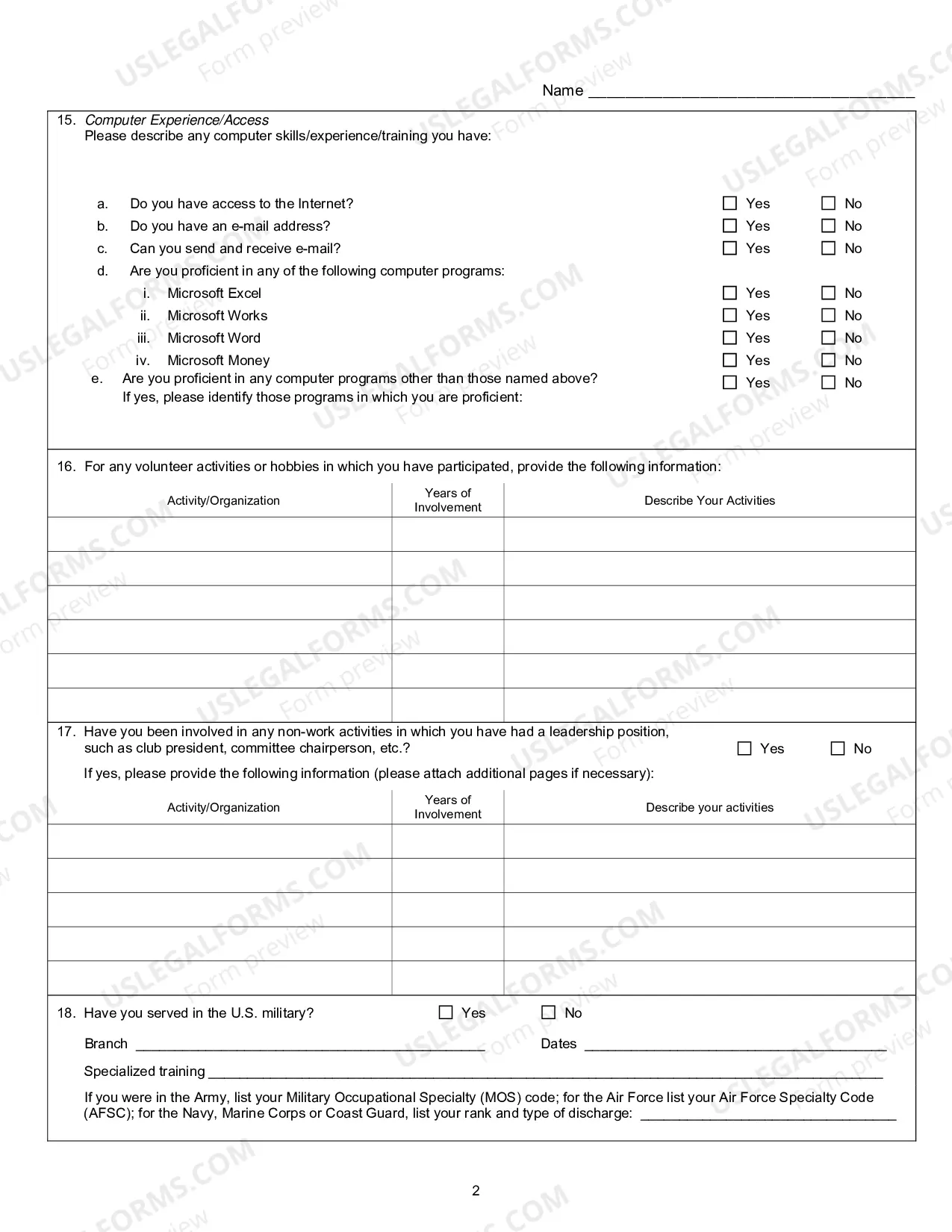 Preview Work History, Work Qualifications & Training Disclosure Questionnaire (fill-in form)