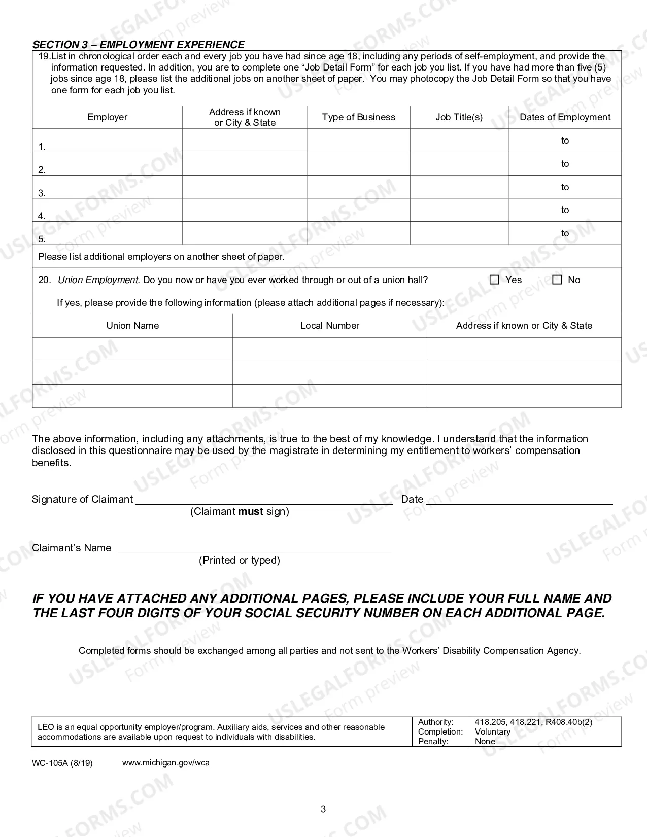 Preview Work History, Work Qualifications & Training Disclosure Questionnaire (fill-in form)