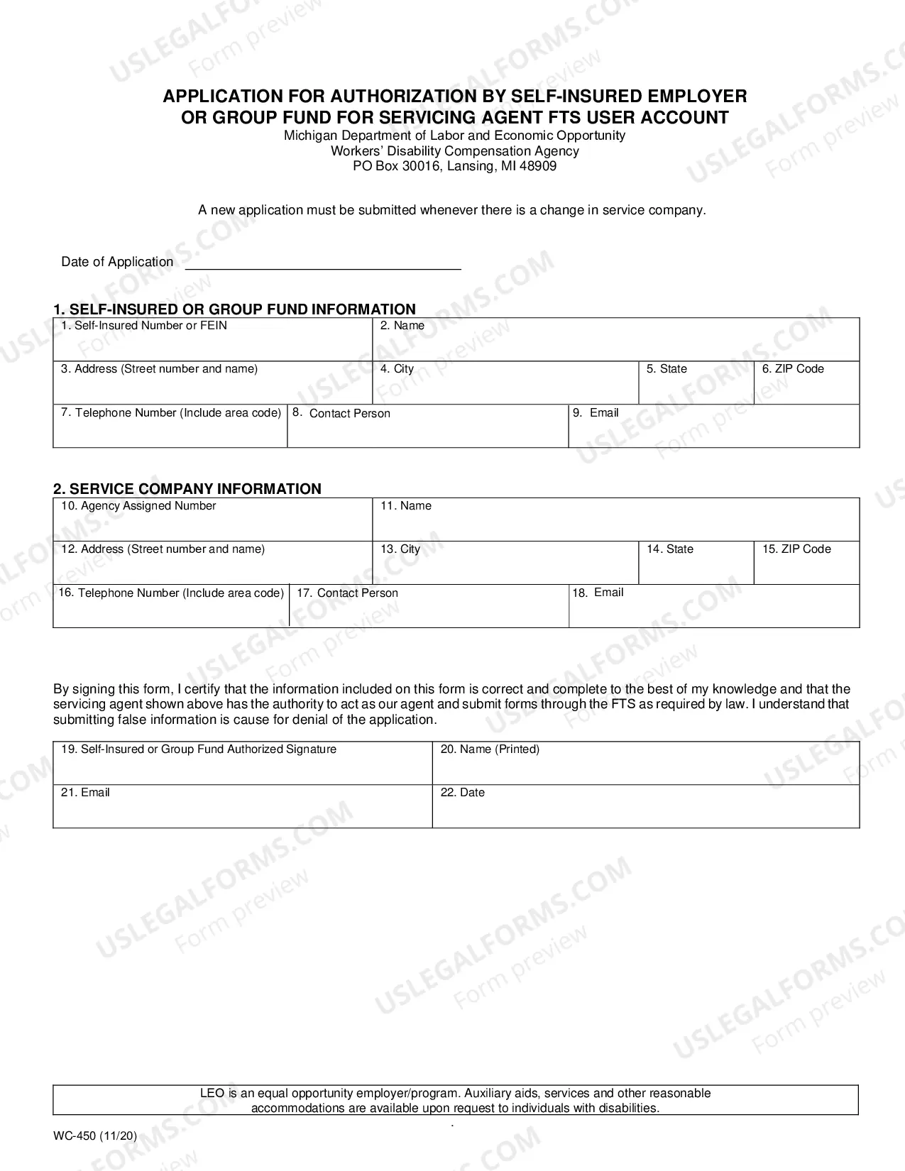 Preview Application For Authorization By Self-Insured Employer or Group Fund For Servicing Agent DEG User Account (fill-in form)