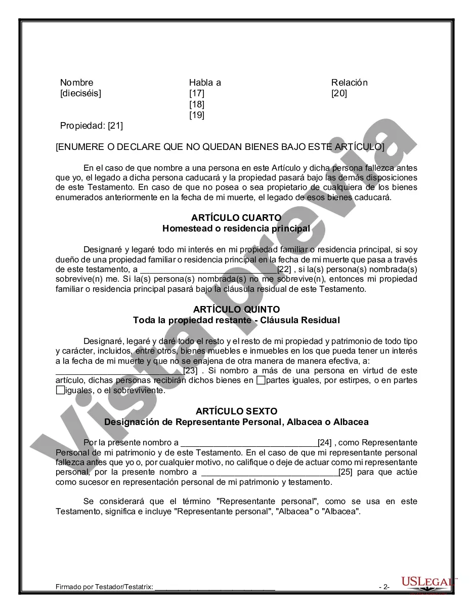 Preview Formulario de última voluntad y testamento legal para persona soltera sin hijos