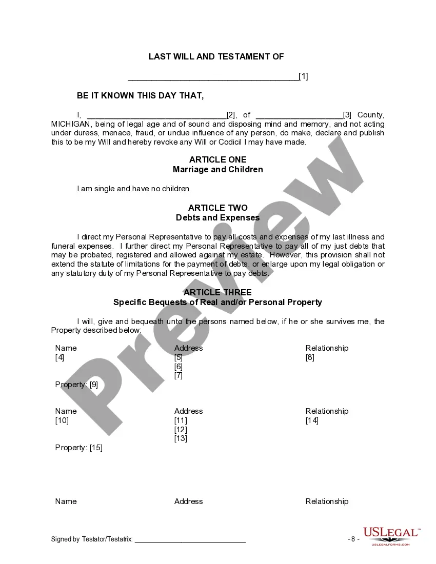 Preview Last Will and Testament for Single Person with No Children
