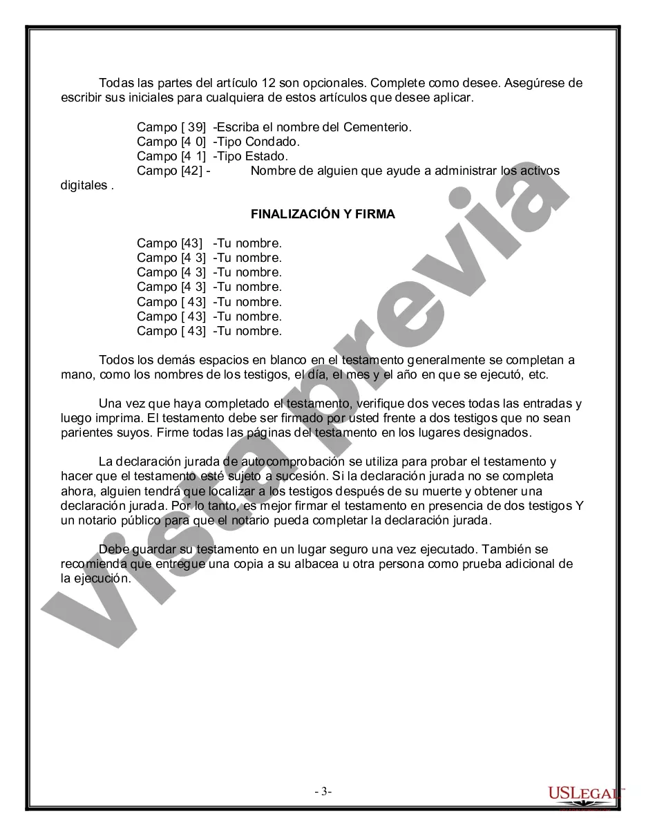 Preview Formulario Legal de Última Voluntad y Testamento para una Persona Soltera con Hijos Menores