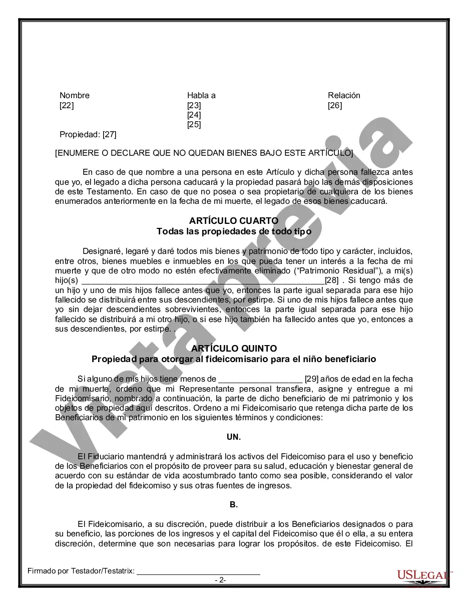 Preview Formulario Legal de Última Voluntad y Testamento para una Persona Soltera con Hijos Menores