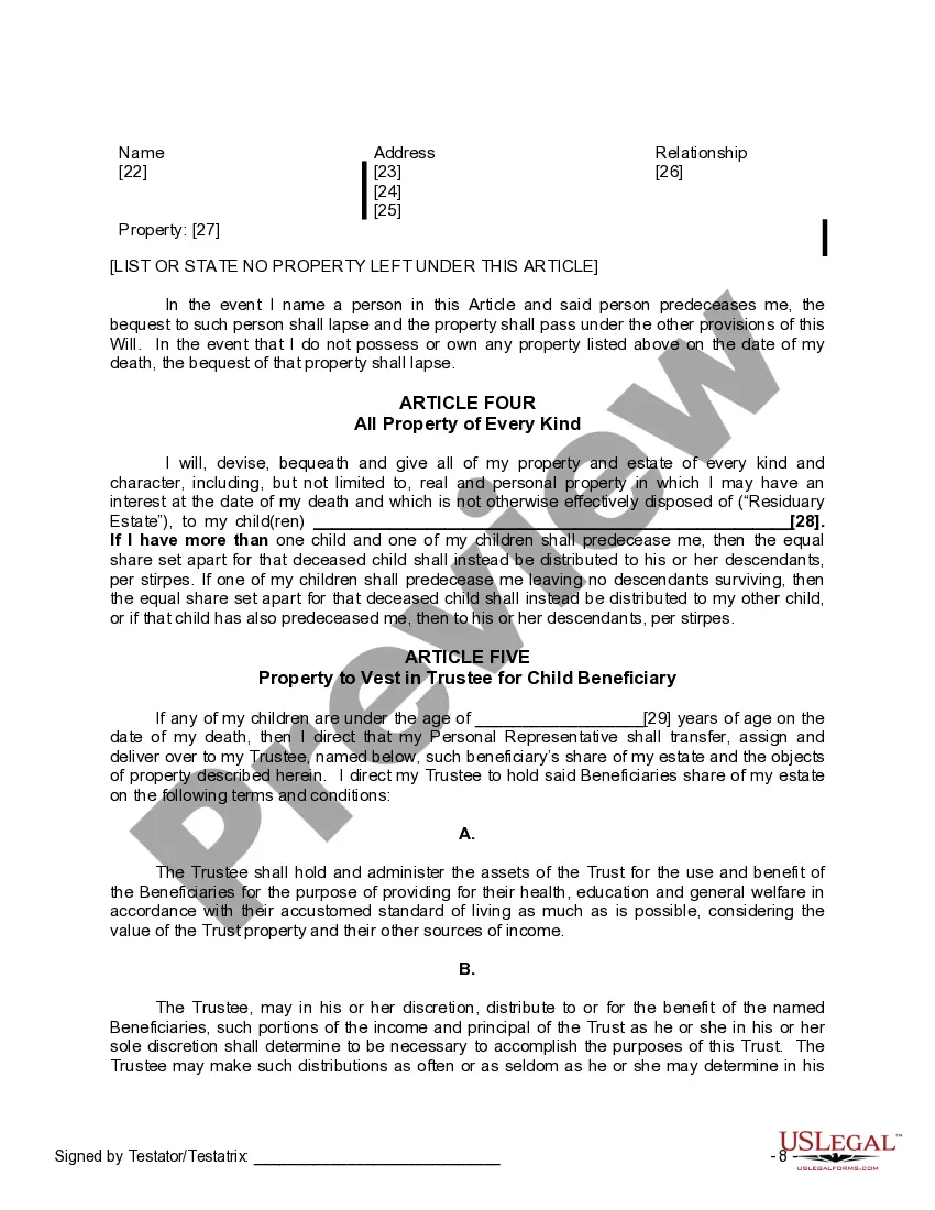 Preview Last Will and Testament for a Single Person with Minor Children