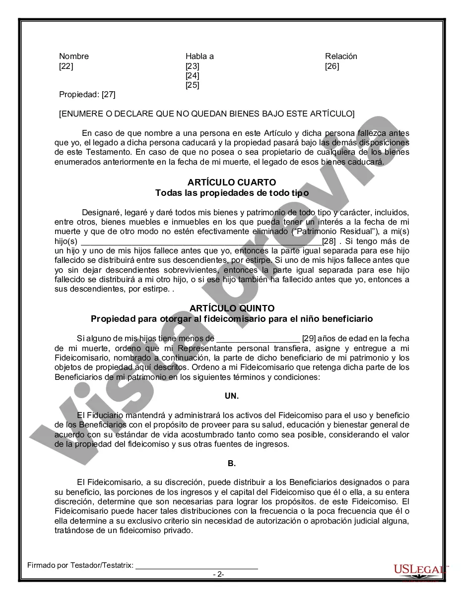Preview Formulario Legal de Última Voluntad y Testamento para Persona Soltera con Hijos Adultos y Menores