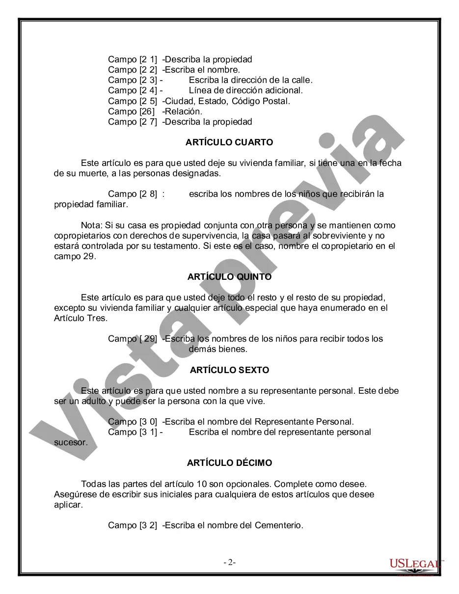 Preview Formulario Legal de Última Voluntad y Testamento para Persona Soltera con Hijos Adultos
