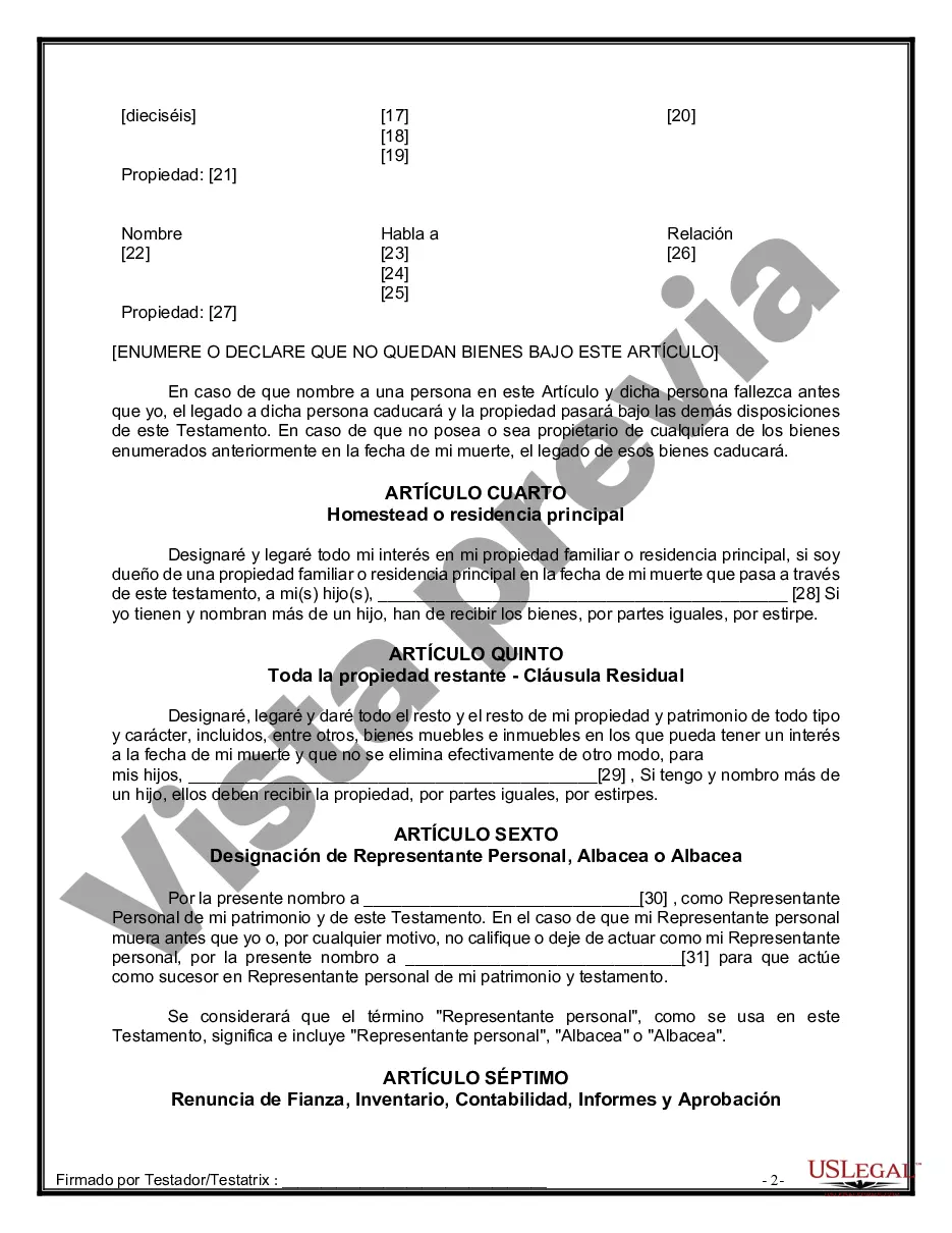 Preview Formulario Legal de Última Voluntad y Testamento para Persona Soltera con Hijos Adultos