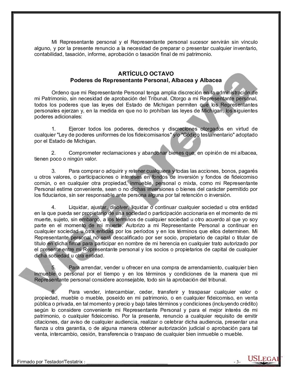 Preview Formulario Legal de Última Voluntad y Testamento para Persona Soltera con Hijos Adultos