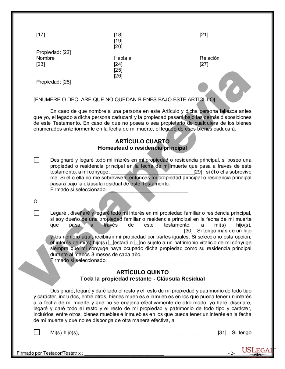 Preview Última voluntad y testamento legal para persona casada con hijos menores de edad de un matrimonio anterior