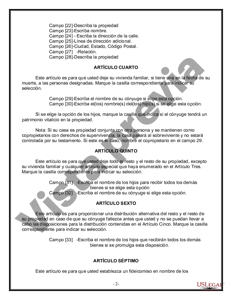 Preview Última voluntad y testamento legal para persona casada con hijos menores de edad de un matrimonio anterior