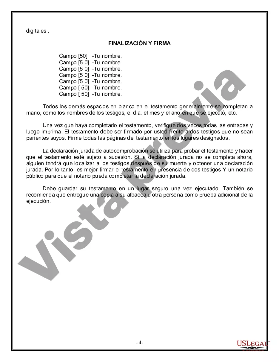 Preview Última voluntad y testamento legal para persona casada con hijos menores de edad de un matrimonio anterior