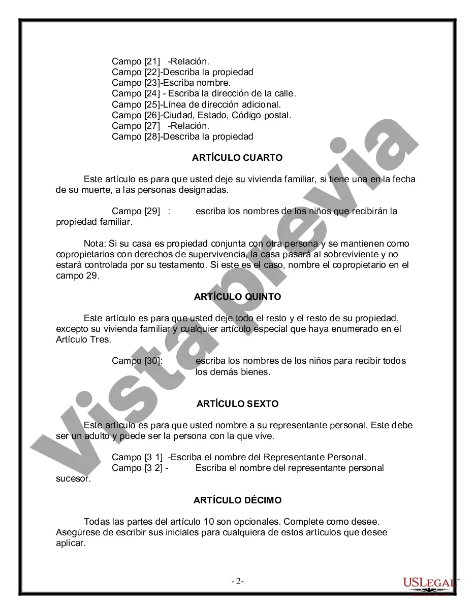 Preview Formulario de última voluntad y testamento legal para personas divorciadas que no se han vuelto a casar con hijos adultos