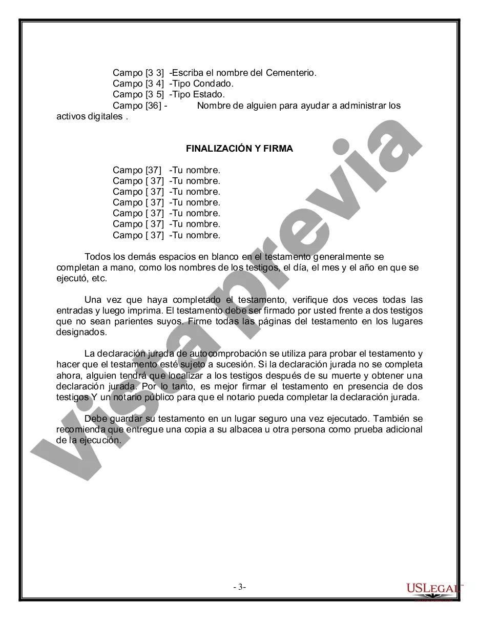 Preview Formulario de última voluntad y testamento legal para personas divorciadas que no se han vuelto a casar con hijos adultos
