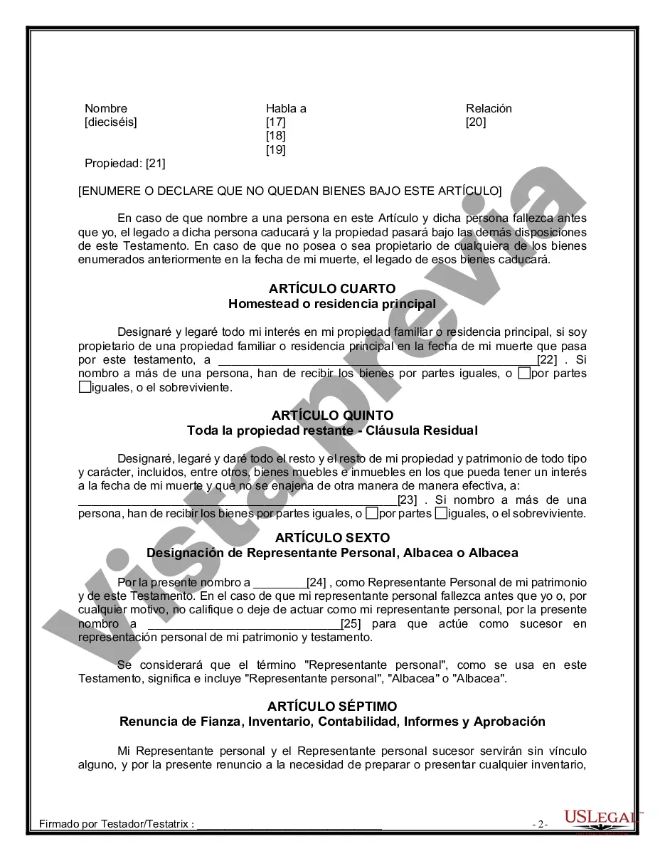 Preview Formulario de última voluntad y testamento legal para personas divorciadas que no se han vuelto a casar y no tienen hijos