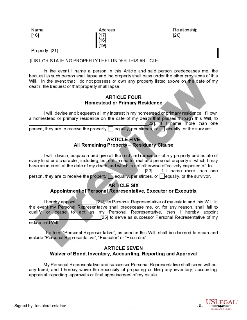 Preview Last Will and Testament for Divorced Person Not Remarried with No Children