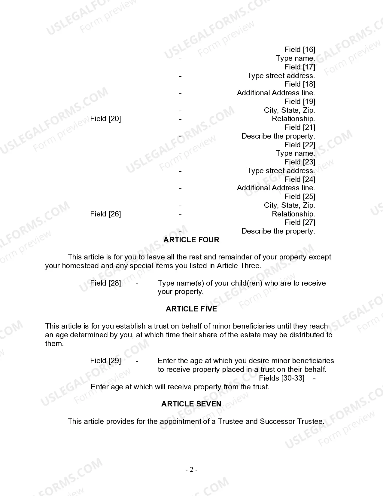 Preview Last Will and Testament for Divorced person not Remarried with Minor Children