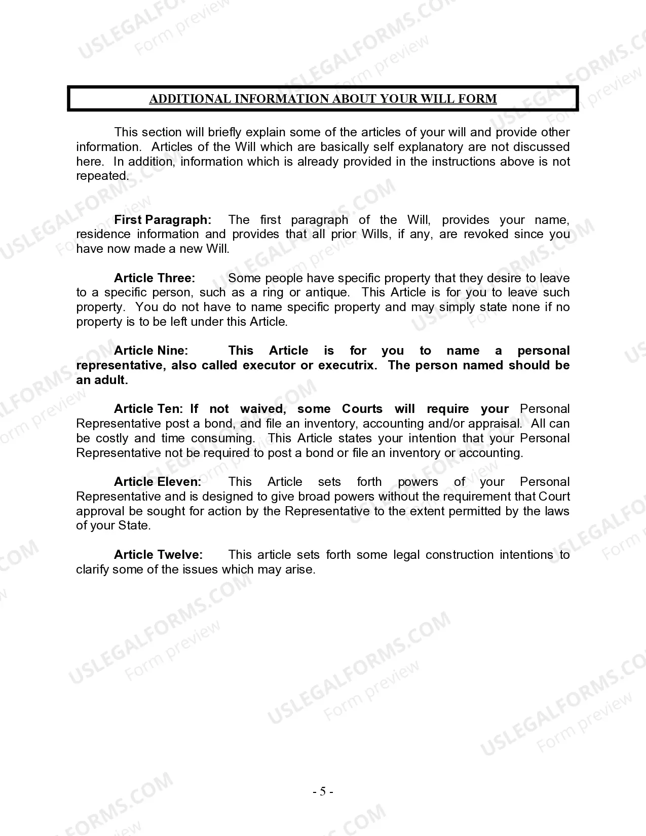 Preview Last Will and Testament for Divorced person not Remarried with Minor Children