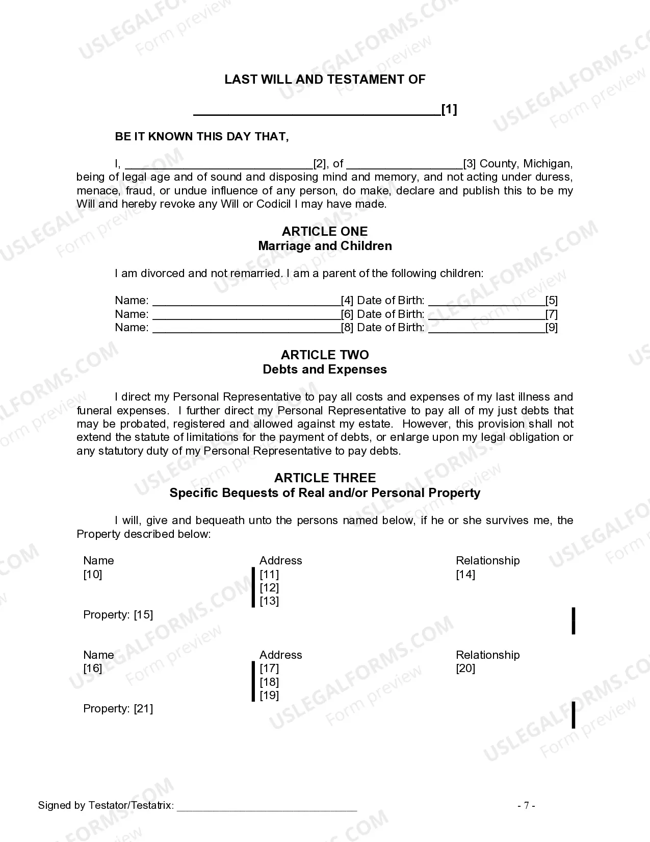 Preview Last Will and Testament for Divorced person not Remarried with Minor Children