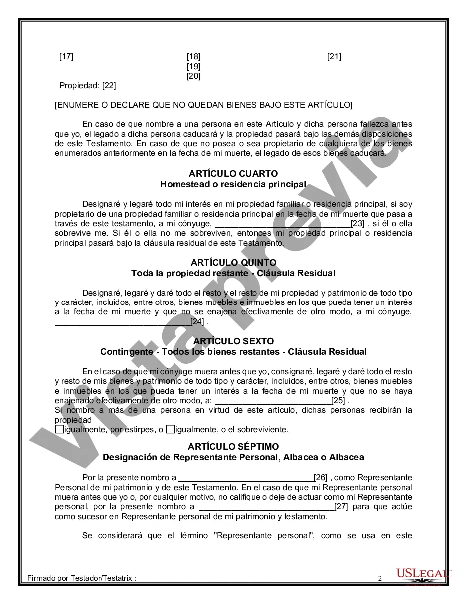 Preview Formulario de última voluntad y testamento legal para una persona casada sin hijos