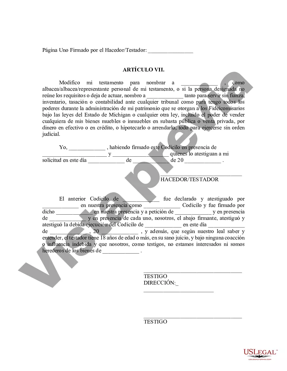 Preview Codicilo al formulario de testamento para enmendar su testamento - Cambios o enmiendas de testamento