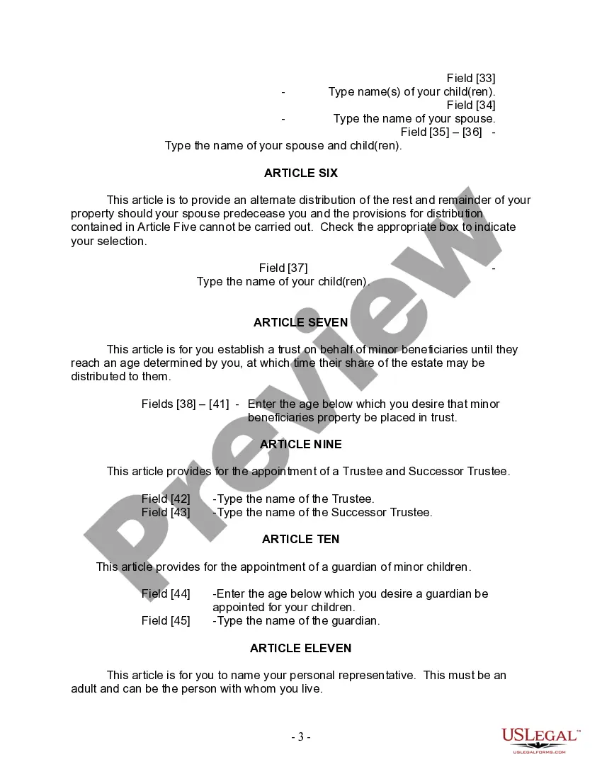 Preview Last Will and Testament for Married Person with Adult and Minor Children from Prior Marriage