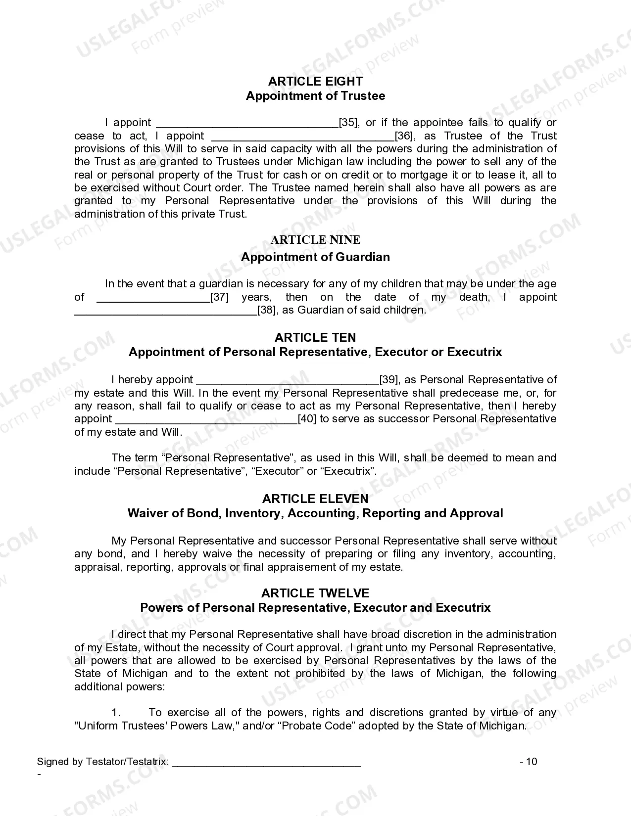 Preview Last Will and Testament for Widow or Widower with Minor Children