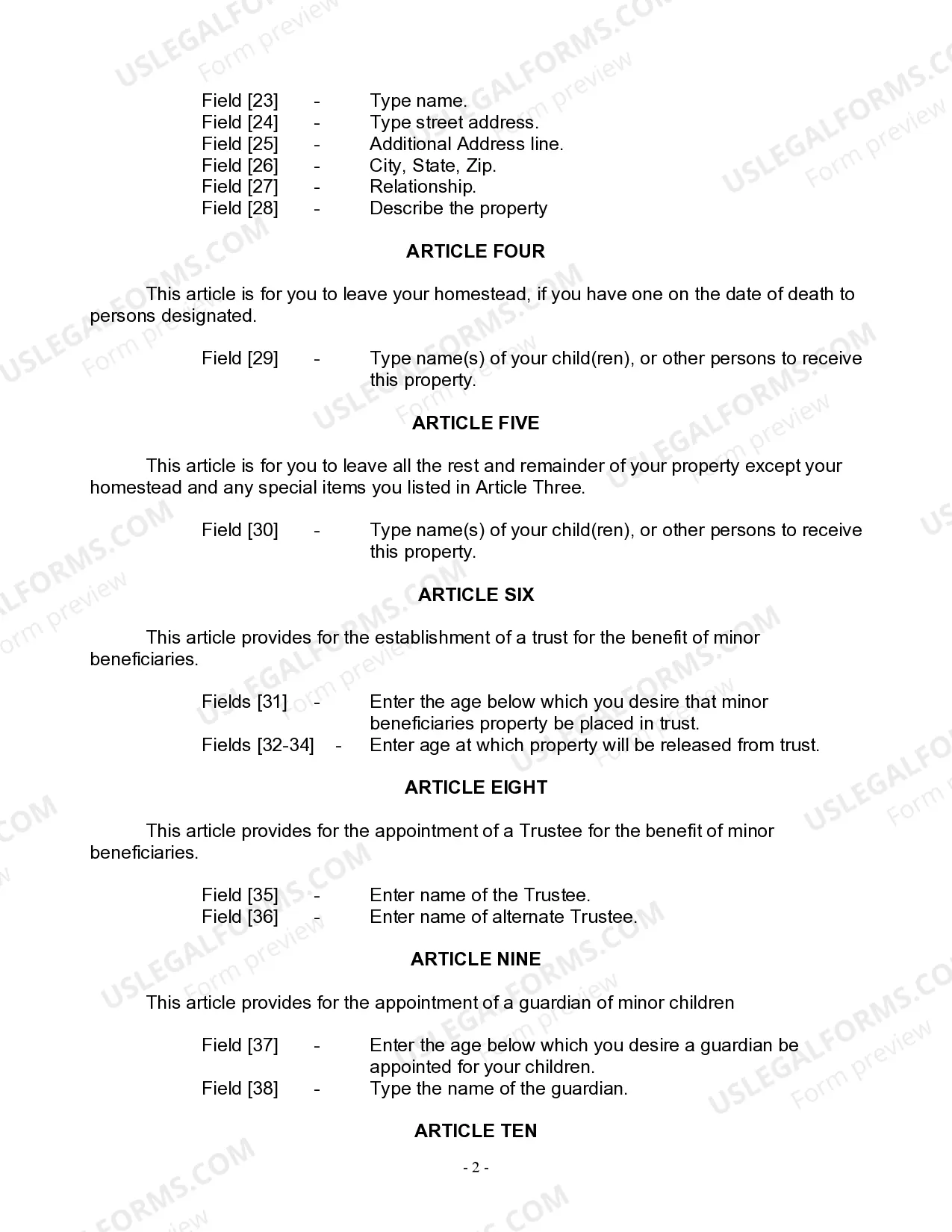 Preview Last Will and Testament for Widow or Widower with Minor Children