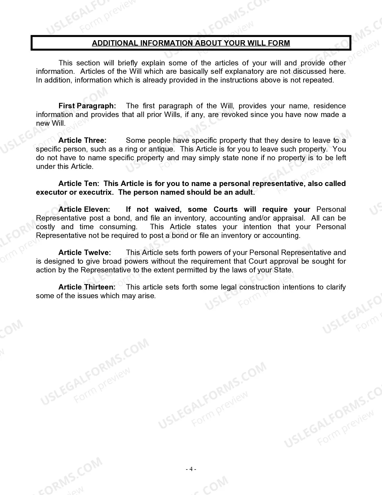 Preview Last Will and Testament for Widow or Widower with Minor Children