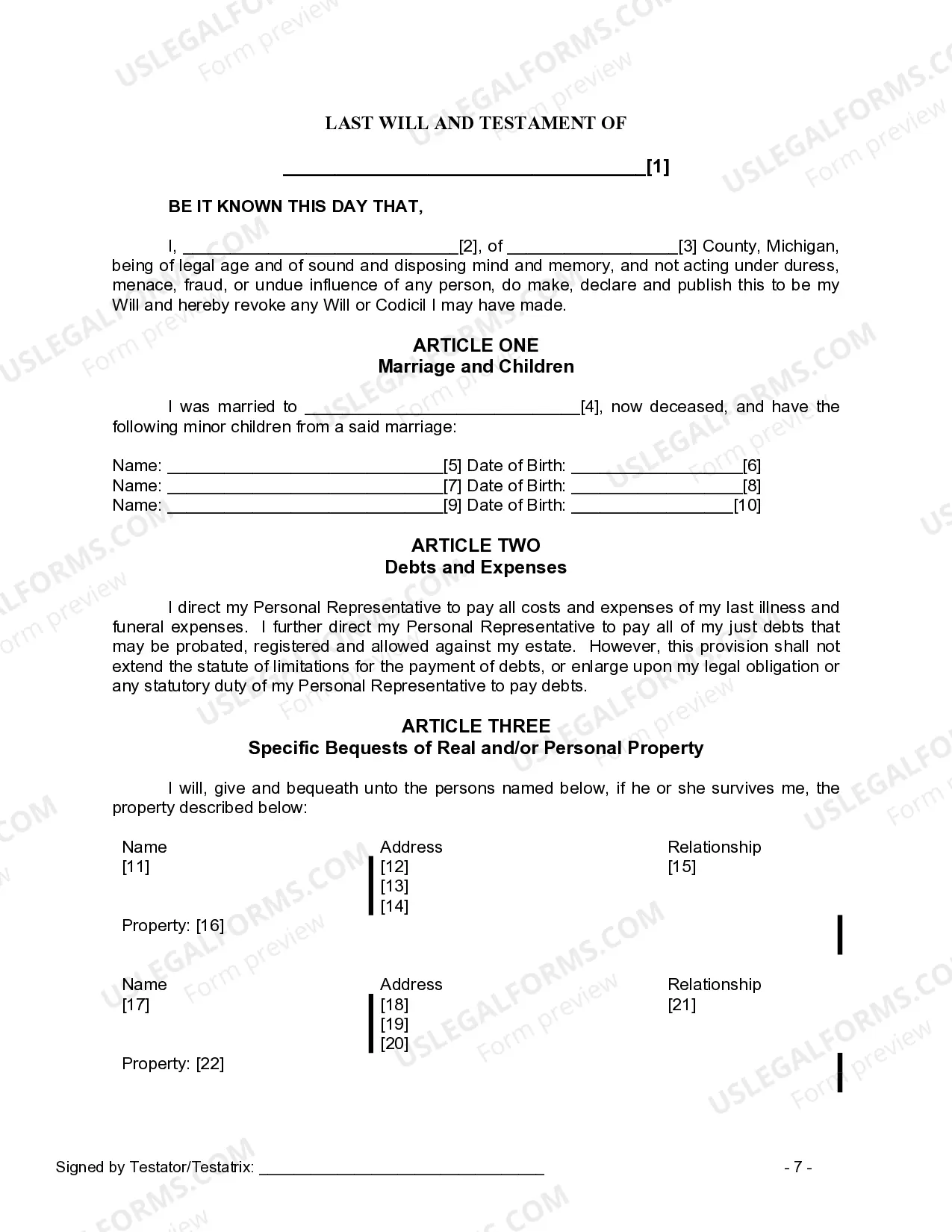 Preview Last Will and Testament for Widow or Widower with Minor Children