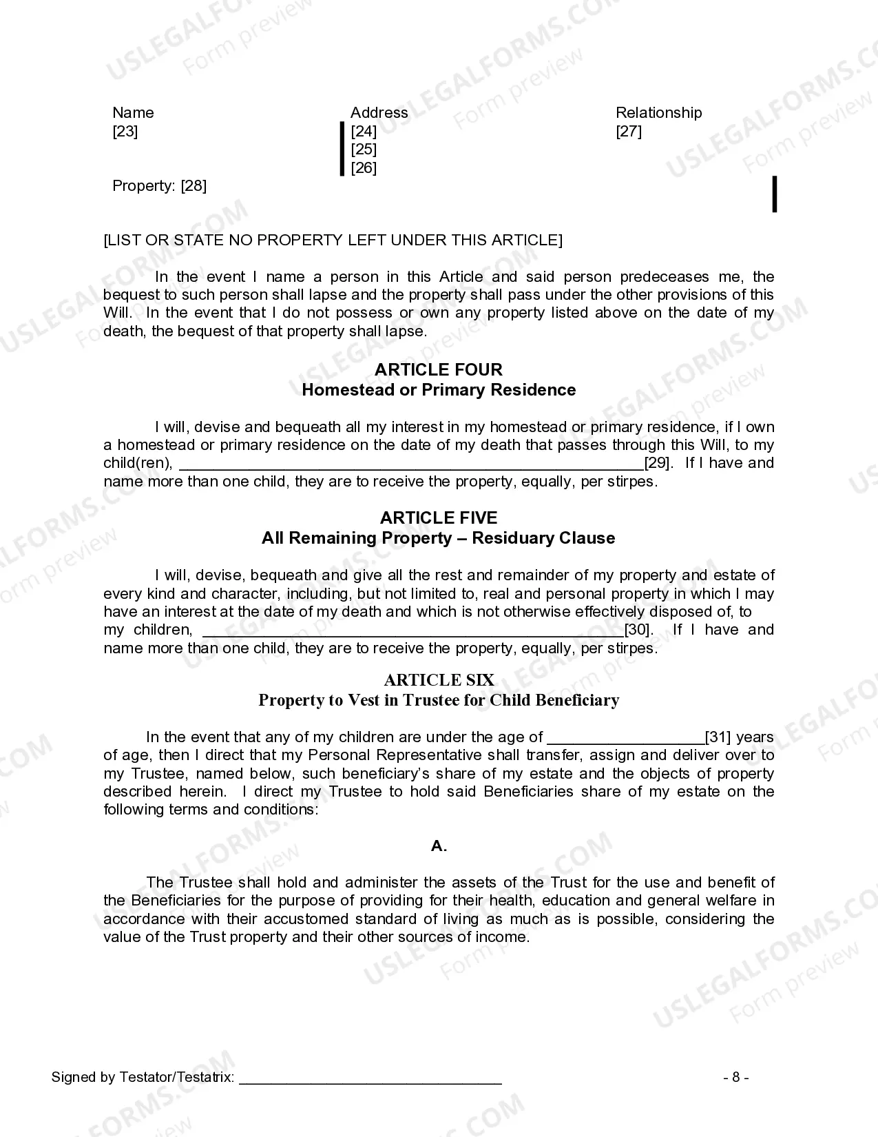 Preview Last Will and Testament for Widow or Widower with Minor Children