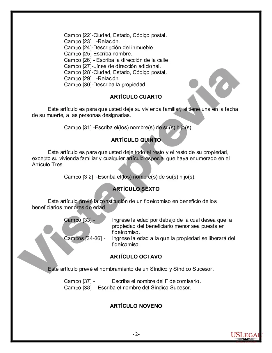 Preview Formulario Legal de Última Voluntad y Testamento para una Viuda o Viudo con Hijos Adultos y Menores