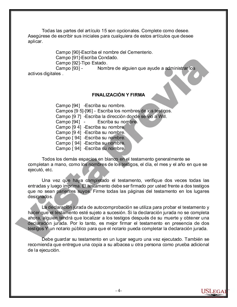 Preview Formulario Legal de Última Voluntad y Testamento para Persona Divorciada y Recasada con Hijos Míos, Tuyos y Nuestros