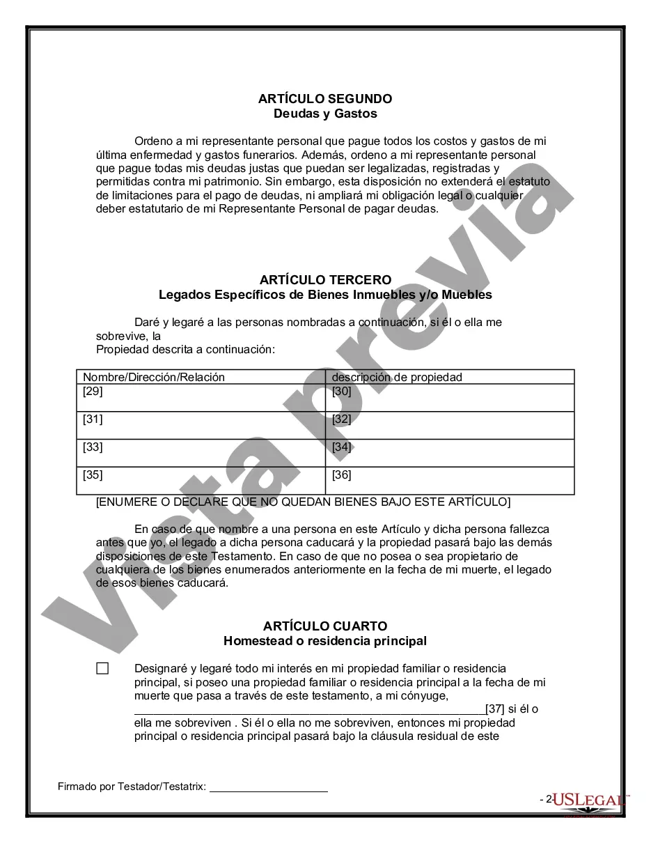 Preview Formulario Legal de Última Voluntad y Testamento para Persona Divorciada y Recasada con Hijos Míos, Tuyos y Nuestros