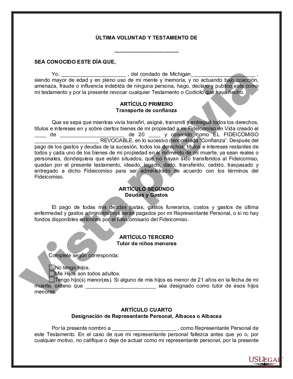 Preview Último testamento legal y formulario de testamento con todos los bienes en fideicomiso llamado testamento invertido