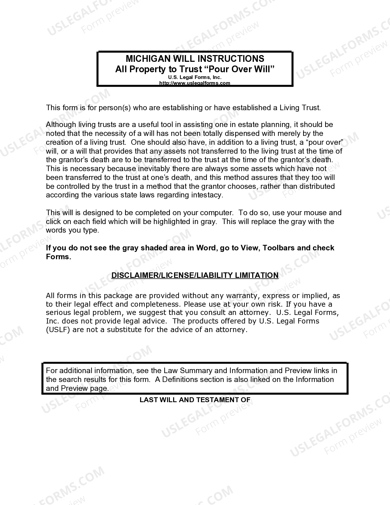Michigan Legal Last Will And Testament Form With All Property To Trust 