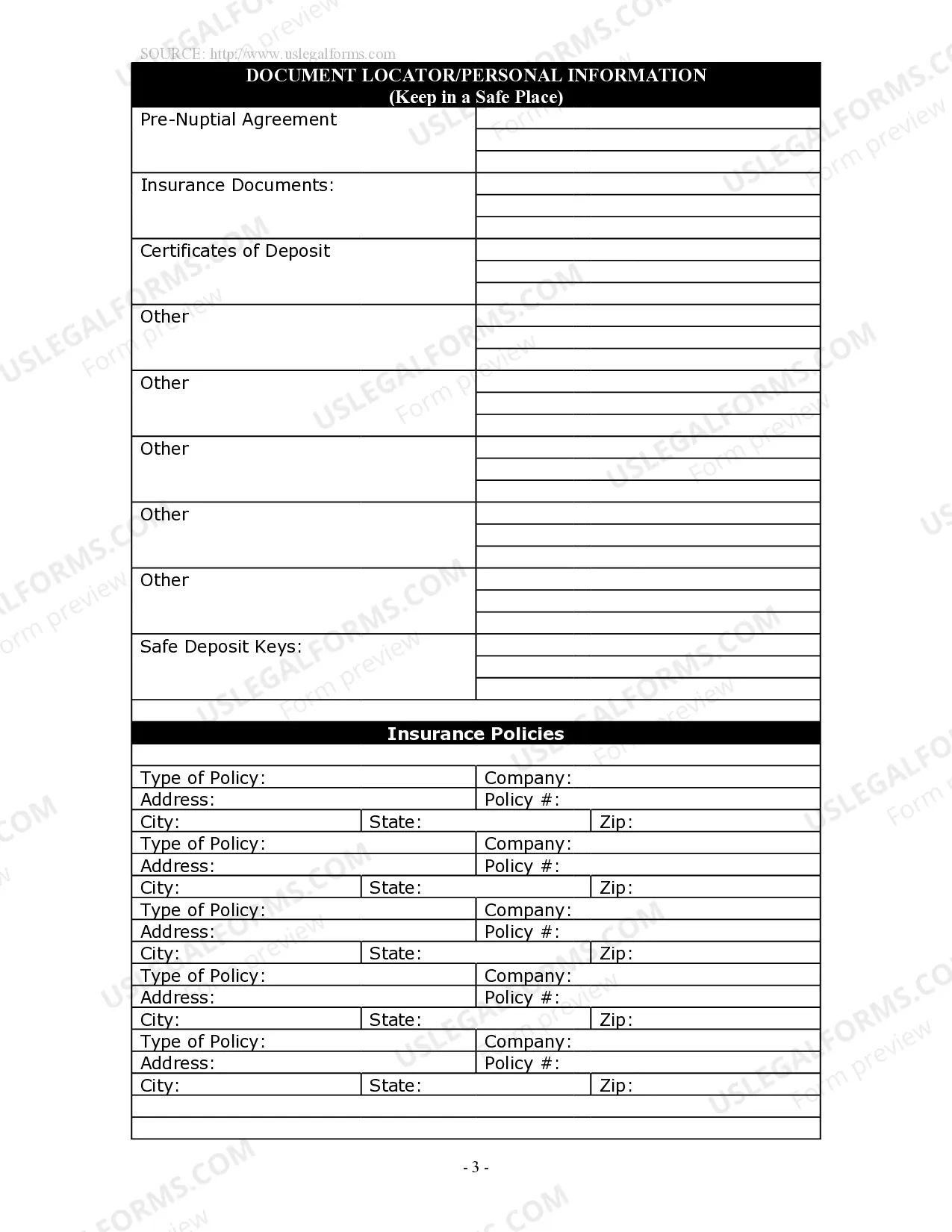 Preview Document Locator and Personal Information Package including burial information form