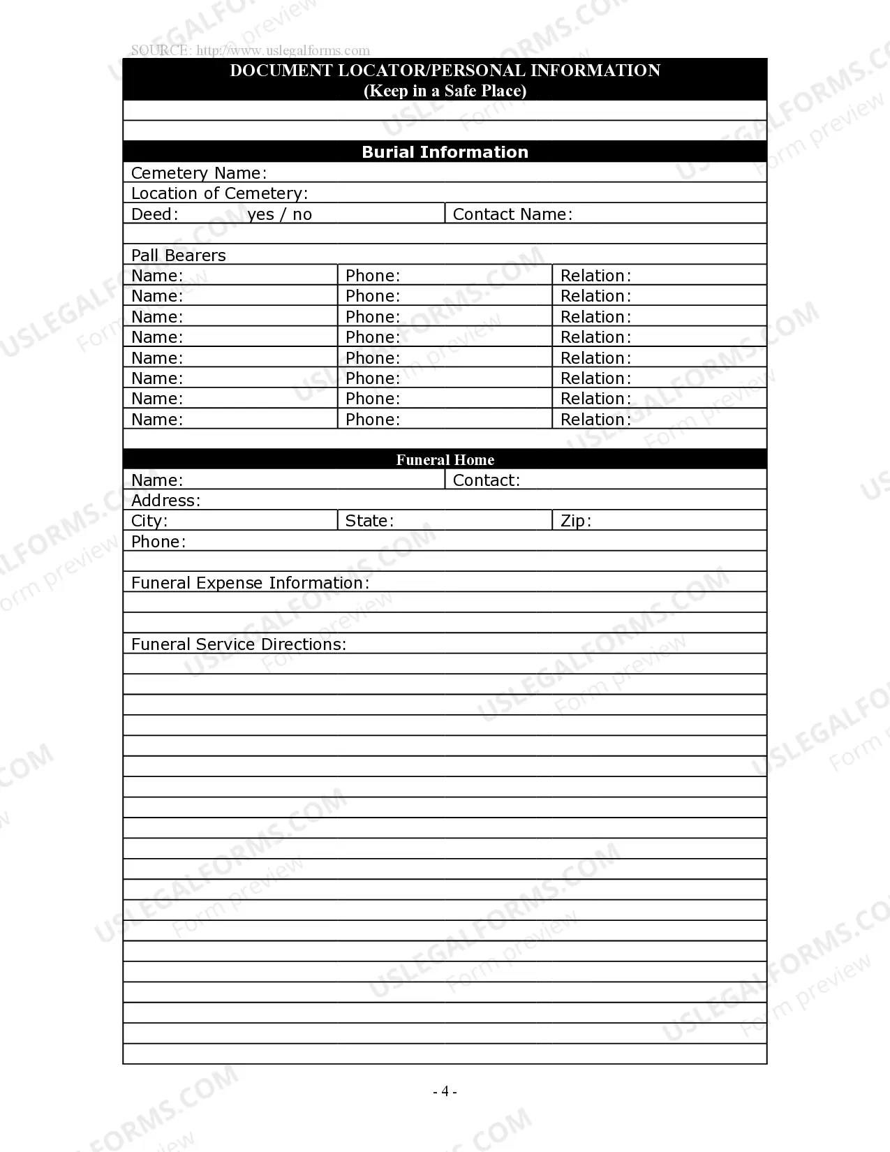 Preview Document Locator and Personal Information Package including burial information form