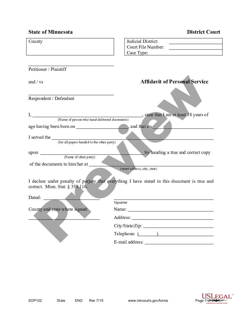 Minnesota Affidavit Of Personal Service Us Legal Forms 2307